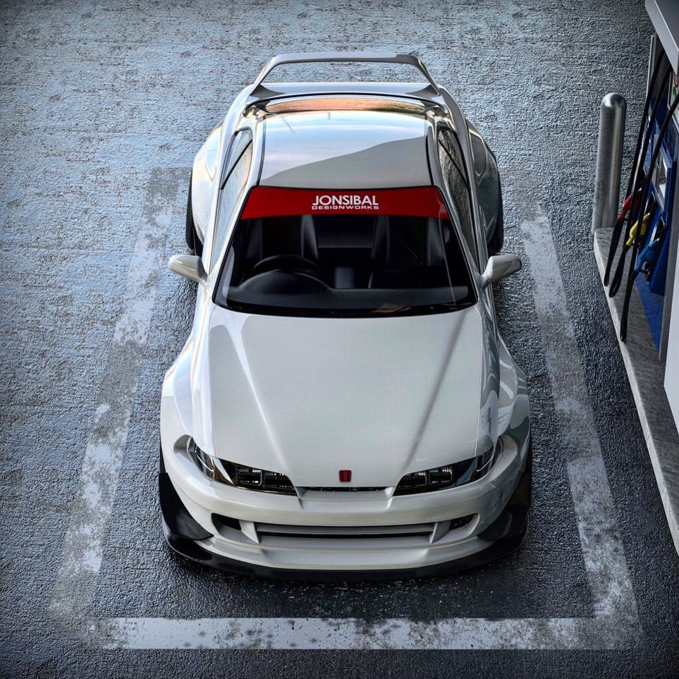 White modified Nissan photographed from above